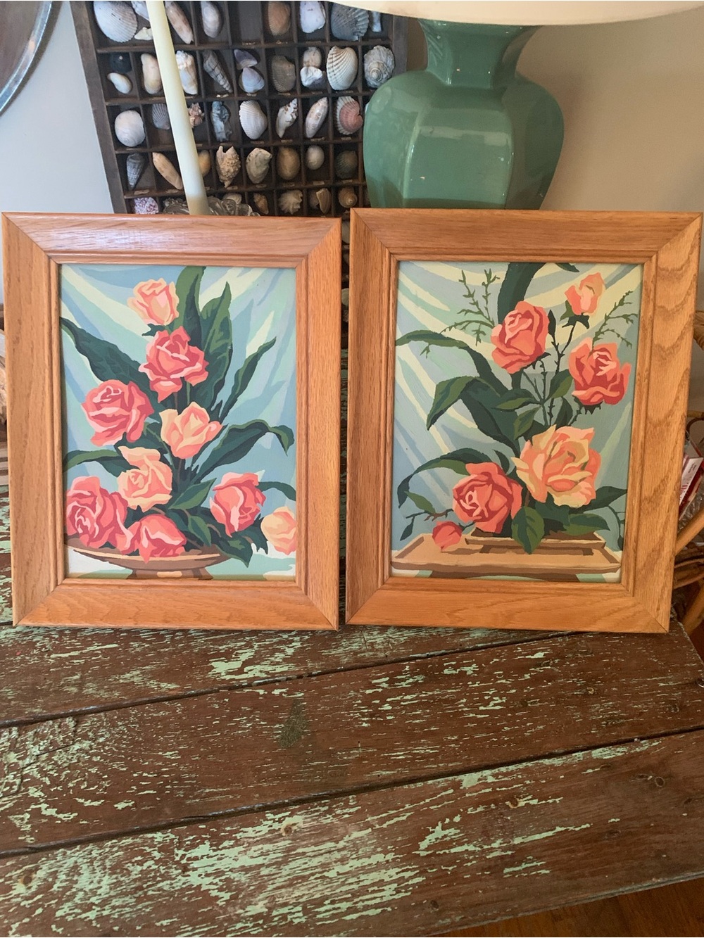 Vintage Floral Coral Yellow Rose Painting Art Paint by Number Group Pair of 2